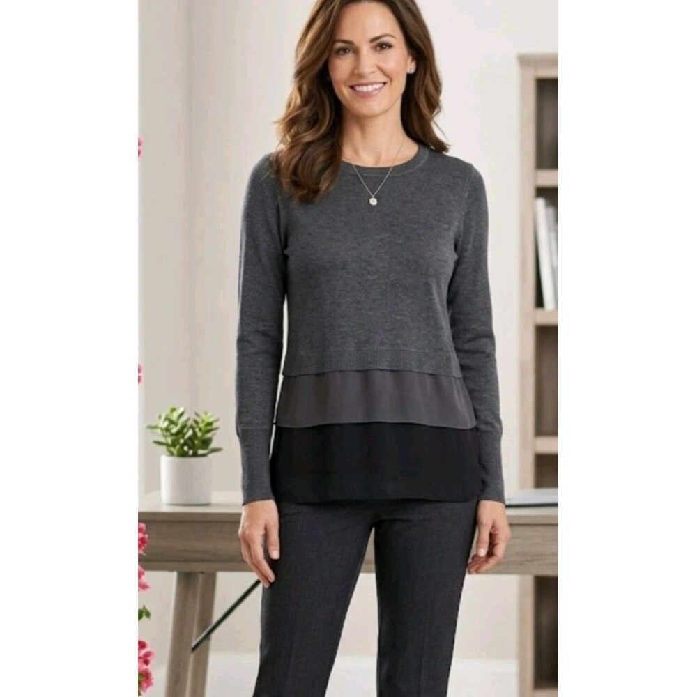 ETCETERA BLOUSE S SILK BLEND LONG SLEEVE LAYER HEM CHARCOAL GRAY